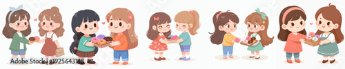 Cute Cartoon Style Adorable Little Girls Sharing Sweet Treats Illustration
