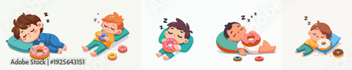 Cute Cartoon Sleeping Boys with Donut Delicious Sweet Food Character Illustration