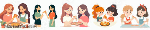 Cartoon Style Friends Sharing Pizza Slice Together Illustration Design