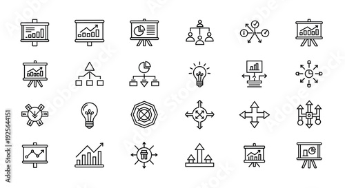 A collection of black and white business icons on a white background for presentations and meetings