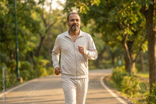 Indian Middle Aged Man Walking in Park – Active Morning Fitness Lifestyle
