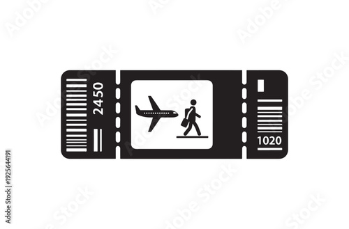  Black silhouette of airplane ticket with boarding pass details, including flight icon, passenger, and ticket numbers, on transparent background