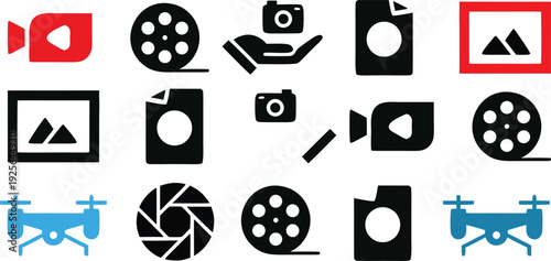 Media Production Icon Set Flat Vector Collection. Camera Video Film Clapper Drone Gallery Symbols. Modern Black Red Design for Web App and Creative Projects.