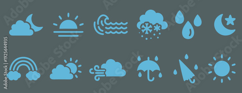 Weather Icon Set Blue Line Style Collection. Sun Cloud Rain Wind Snow Rainbow Symbols. Modern Flat Vector Pack for  App and Web Design.