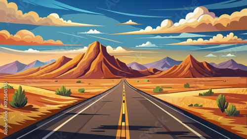 Very beautiful empty asphalt highway stretching toward distant mountains beneath a textured cloudy sky in a vast desert landscape.

