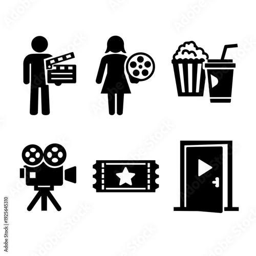 Collection of cinema and movie icons including people, camera, ticket, and popcorn