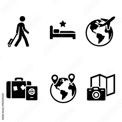 Collection of travel icons representing different aspects of vacation and journey planning