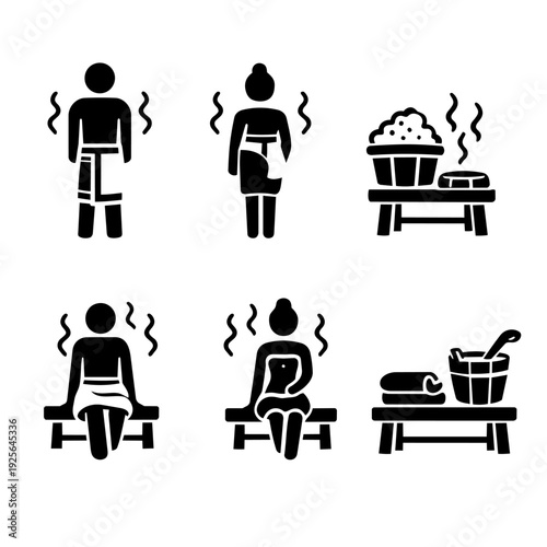 Sauna icons depicting people and accessories for relaxation and heat therapy