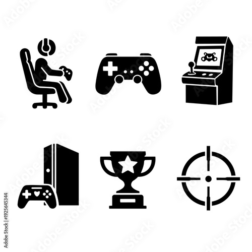 Collection of gaming icons including gamer, controller, arcade, console, trophy, and target