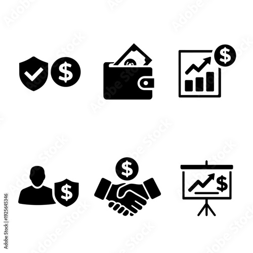 Financial icons representing security, savings, growth, and business deals