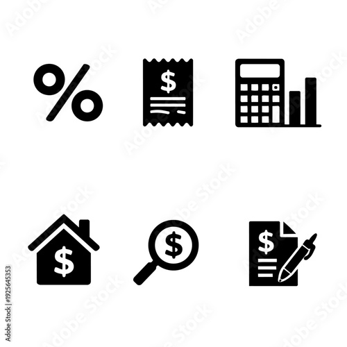 Financial icons representing percentage, receipt, calculator, house, search, and contract