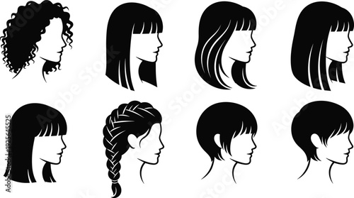 Woman Hairstyle Silhouette Set with Various Hair Cuts Including Curly Straight Braided and Short Pixie Styles for Beauty and Fashion Design