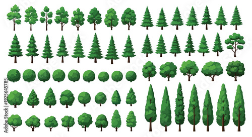 Collection of various green tree icons on a white background, showcasing different shapes and sizes in a flat lay composition.