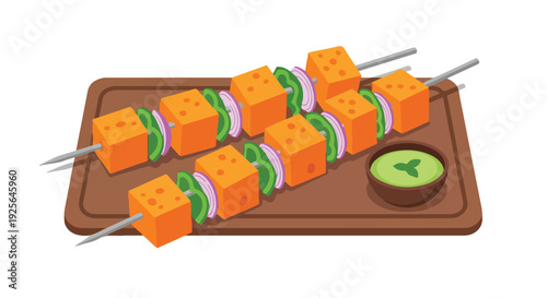 Illustration of vegetable skewers on a wooden board with a slice of lime, flat lay, vibrant colors.