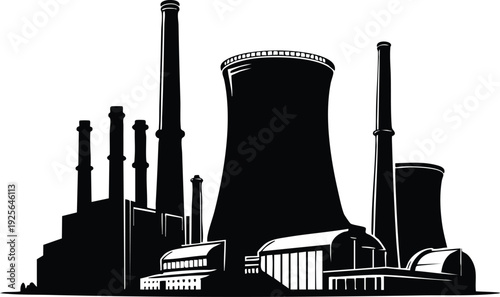 Industrial power plant silhouette with cooling towers and chimneys representing energy production and heavy industry isolated on white background