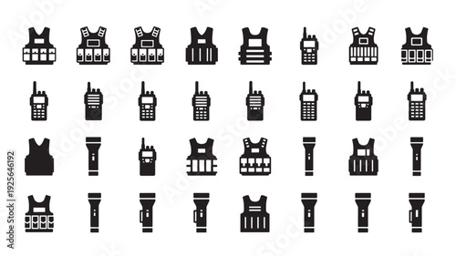 Set of 35 tactical vest, walkie-talkie, and flashlight icons vector