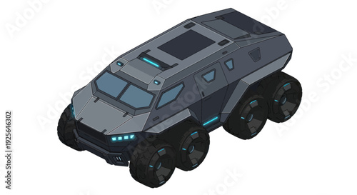 Futuristic Gray Armored Vehicle with Wheels.
