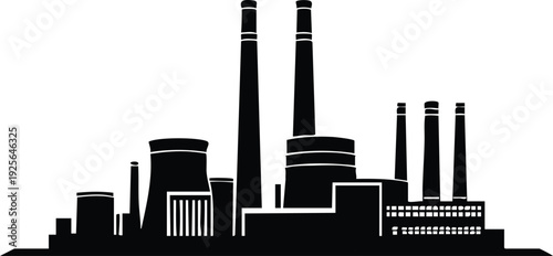 Industrial power plant silhouette factory complex with tall chimneys and cooling towers clean vector illustration for energy and manufacturing concepts isolated on white background