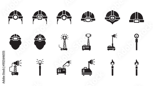 Set of 18 Mining Helmet and Lamp Icons Vector