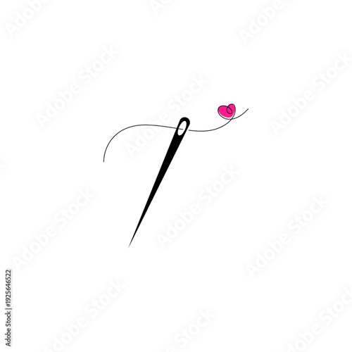 sewing needle logo with love symbol in flat vector design style