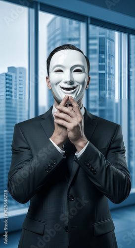A suited man in mask posing by the window, the image captures a man wearing a mask and formal business suit