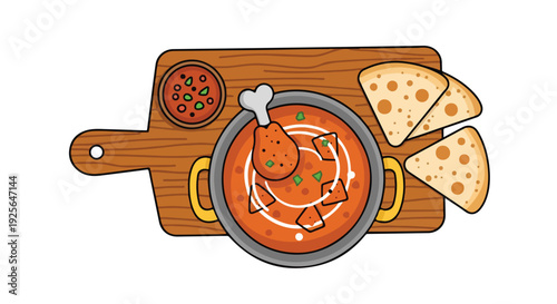 Flat lay illustration of a bowl of tomato soup with bread on a wooden cutting board against a white background.