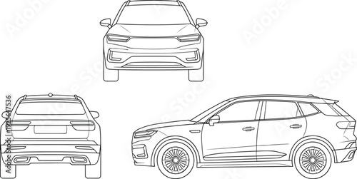 Collection of car design blueprints including front rear and side profiles