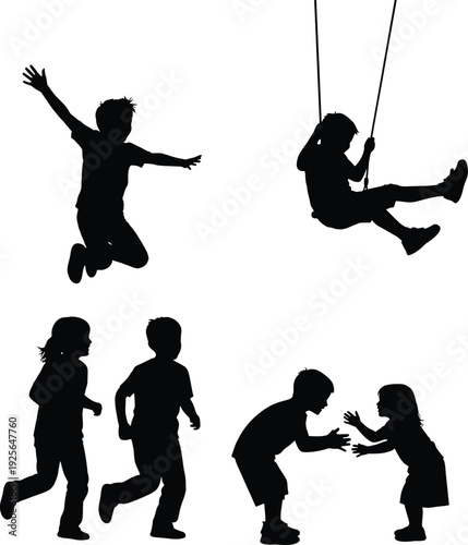 Children Silhouettes Playing Swinging Running