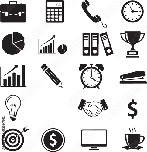 Business Essentials: A collection of essential office supplies and business symbols, meticulously arranged to convey the core elements of modern commerce and workplace functionality.