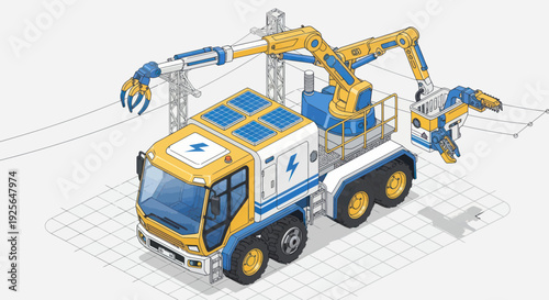 Yellow and Blue Truck with Mechanical Arms.