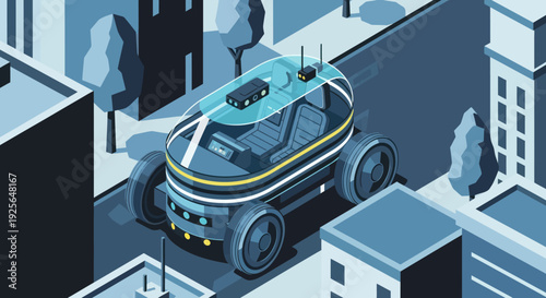 Futuristic Self Driving Car in City.