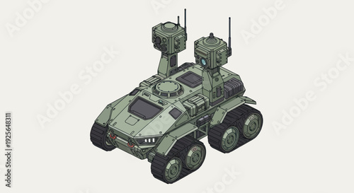 Military Robot Vehicle with Turret and Antenna.