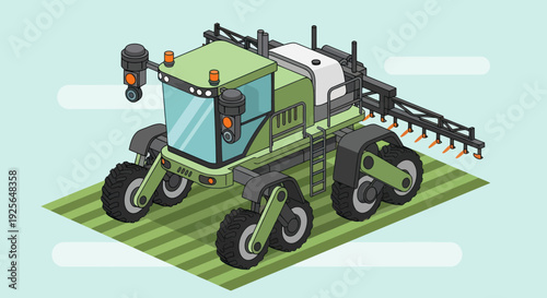 Green Tractor with Agricultural Equipment Attachment.