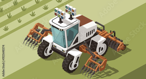 Tractor with Farming Equipment in Field.