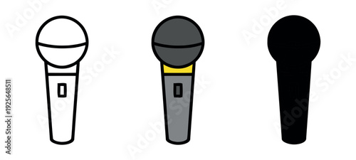 Vocal microphone icon variations including black and white line art, colored flat design with yellow accent, and solid silhouette.