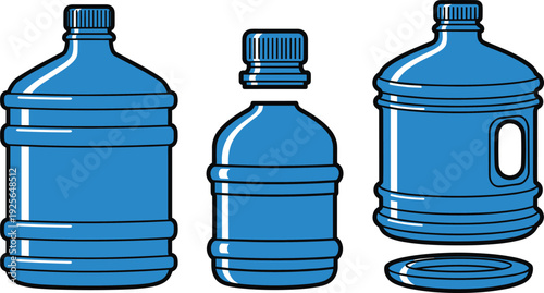 Blue Water Gallon Vector Illustration Set with Large Plastic Bottle Dispenser Jug and Cap Icons for Mineral Water and Hydration Design