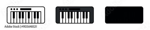 Digital keyboard or synthesizer icon set featuring outline, grey flat color, and solid black silhouette versions.