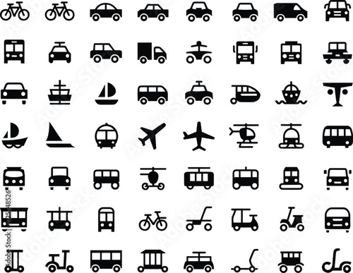 Diverse selection of transportation symbols including bicycles cars buses trains airplanes helicopters and boats for apps and interfaces