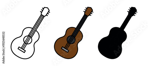 Acoustic guitar icon presented in three variations: thin line art, flat brown color, and solid black silhouette.