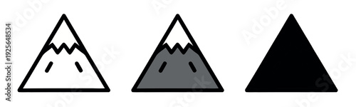 Geometric mountain peak icon in three variations: simple black outline, grey flat design with snow, and solid black triangle silhouette.