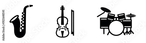 Flat black icons of a saxophone, violin with bow, and a complete drum kit arranged in a horizontal line on a white background.