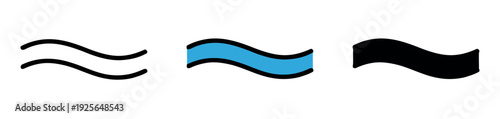 Simplified water wave or river current icons in three formats: dual line art, blue flat fill, and thick black solid wave.