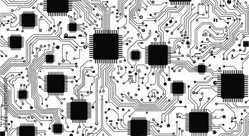 Circuit Board Pattern with Black Chips on White Background