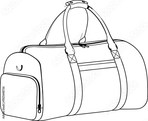Duffel bag vector outline for travel, gym, or everyday use with sturdy handles and pockets