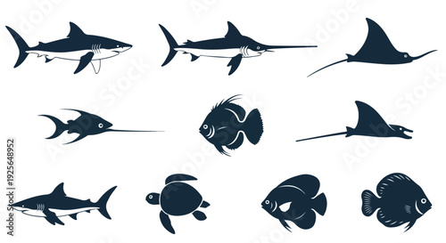 Collection of various ocean animal silhouettes on a white background including sharks, rays, and fish.