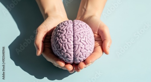 A person cradling a detailed model of a human brain in their hands
