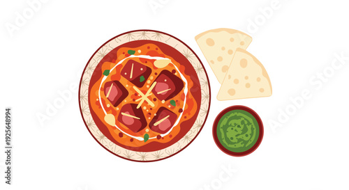 Flat lay of a plate of beef curry with a side of naan bread and green chutney on a plain white background.