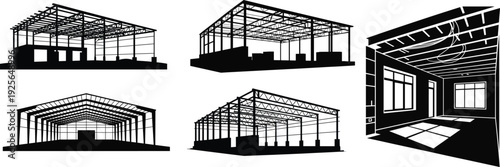 Industrial warehouse building construction frames and empty interior architecture views