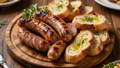 Grilled sausages with sliced bread on a wooden board