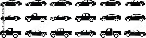 Seamless pattern featuring array of various silhouetted car models isolated on white background depicting a diverse collection of modern and classic automobiles in simple graphic style